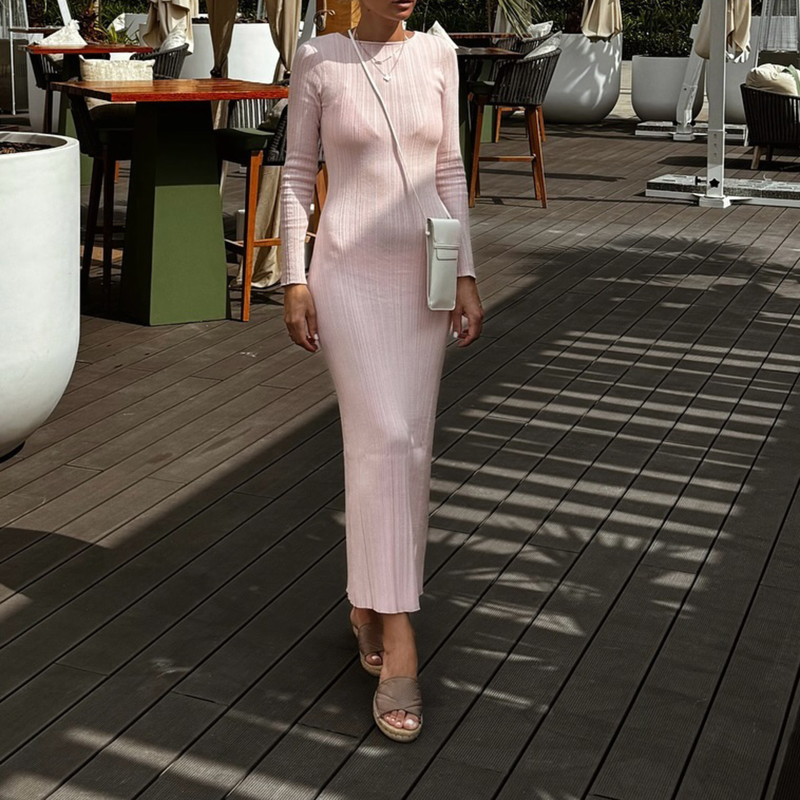 Vestido de punto ajustado de Color sólido para primavera y otoño para mujer, vestido acanalado de manga larga con cuello redondo, vestido largo ajustado: L / Rosa
