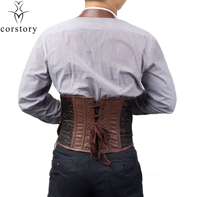 Corstory Retro Brown Leather&Brocade Steel Boned Halter Steampunk Underbust Gothic Underbust Corset Belt Waistcoat