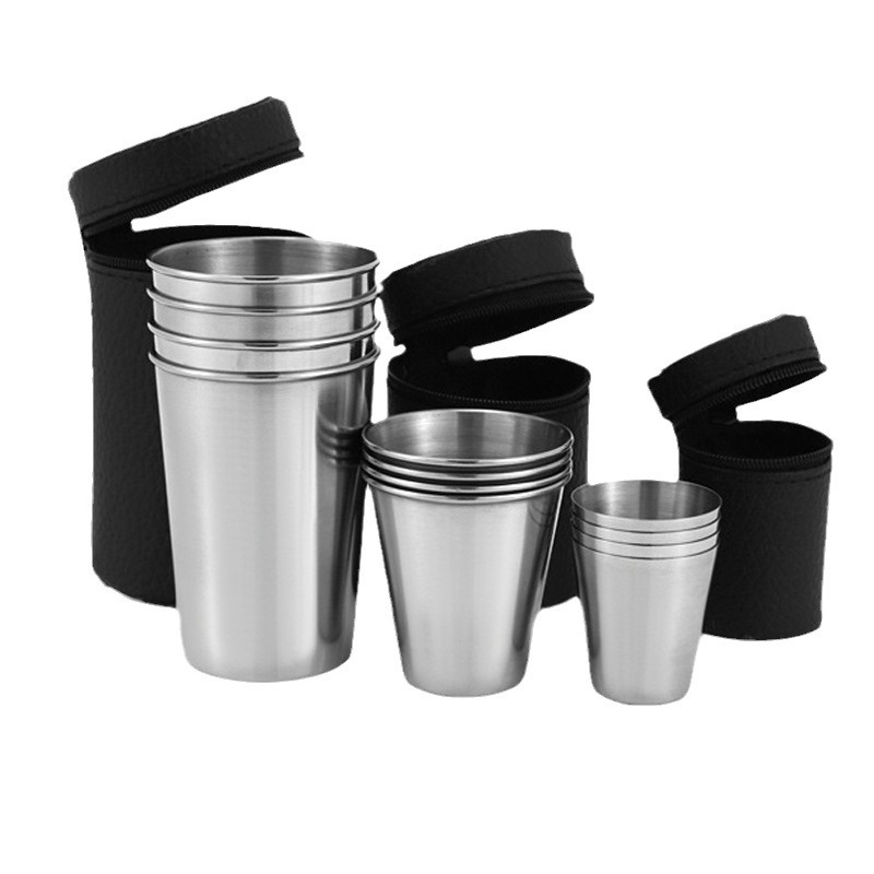 Juego de tazas de acero inoxidable para viajes prácticos al aire libre, Mini vasos para whisky, vino con estuche, vasos portátiles de 30ml/70ml/170ml, 4 Uds.