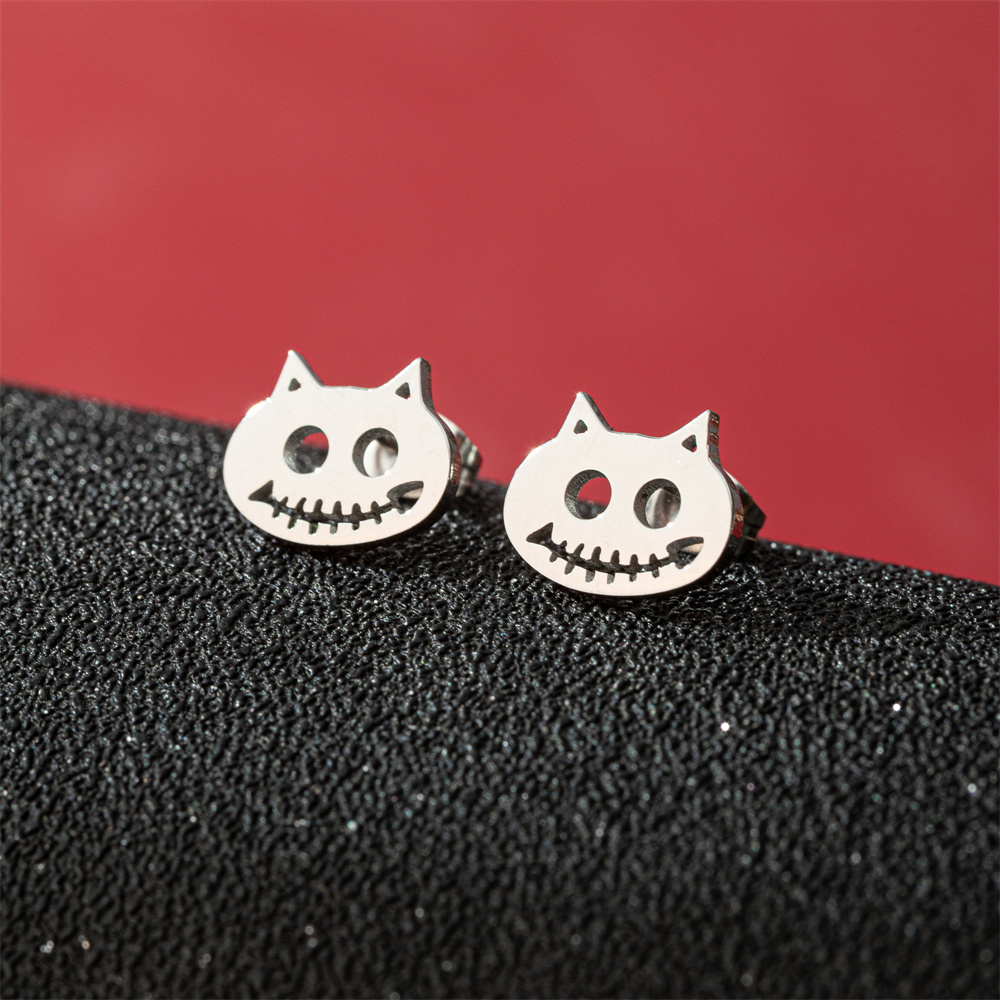 Jisensp 1 paire de boucles d'oreilles chat Animal de dessin animé mignon en acier inoxydable chaton boucle d'oreille pour femmes filles bijoux drôles Oorbellen: Imitation plaquée rhodium