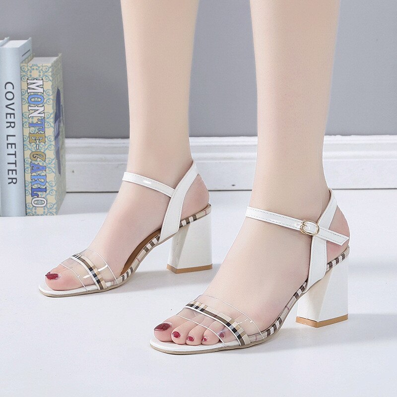 PVC Gladiator Sandals Summer Office High Heels Shoes Woman Buckle Strap Pumps Casual Women Shoes Plus Size 35-40