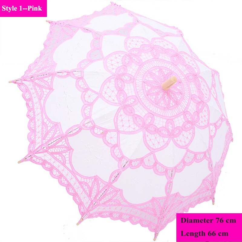 Handgemachte Stickerei Spitze Sonnenschirm Regenschirm Frauen Hochzeit Braut Foto Weiß Baumwolle Holz Griff Dekoration Regenschirm: Stil 1--Rosa