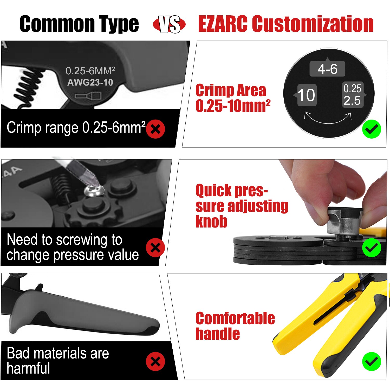 EZARC – outil de sertissage de virole precva AWG23-7, fil à cliquet auto-ajustable, 0.25 à 10 mm², pince à sertir, poignée ergonomique
