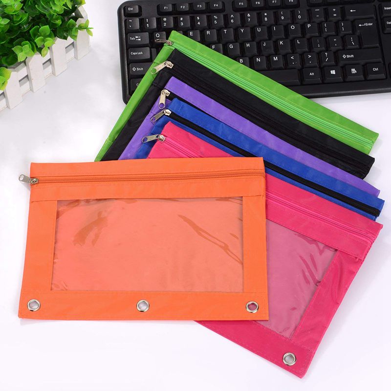 6 Stuks Ring Binder Pouch Potlood Zak Met Gaten 3-Ring Rits Zakjes Met Clear Window (6 Kleuren)