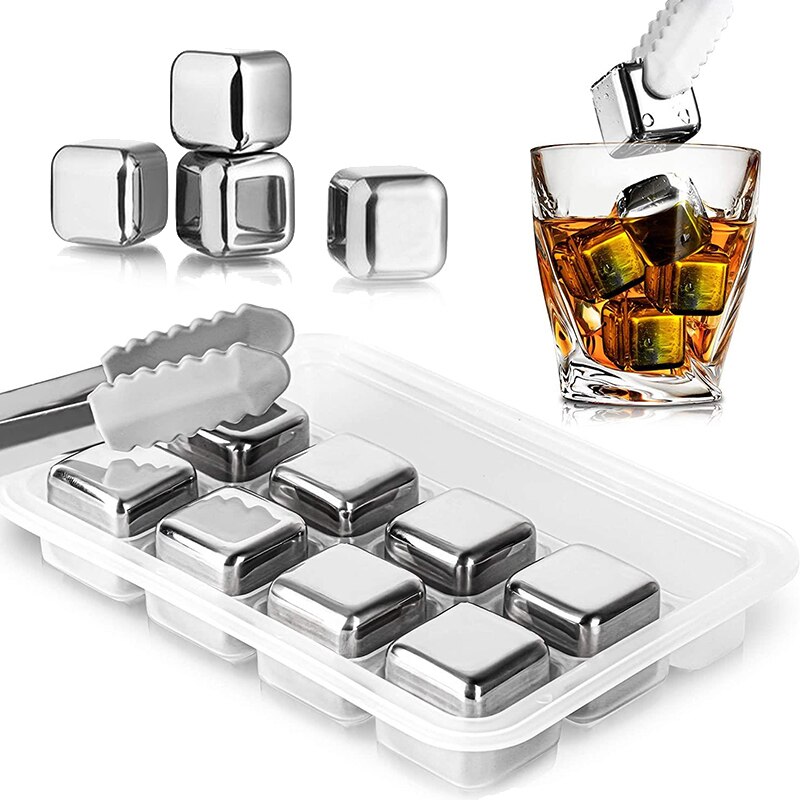 Whiskey Ice Square Stones, 8 Reusable Stainless Steel Ice Square,Metal Cooling Stones Bar Accessories