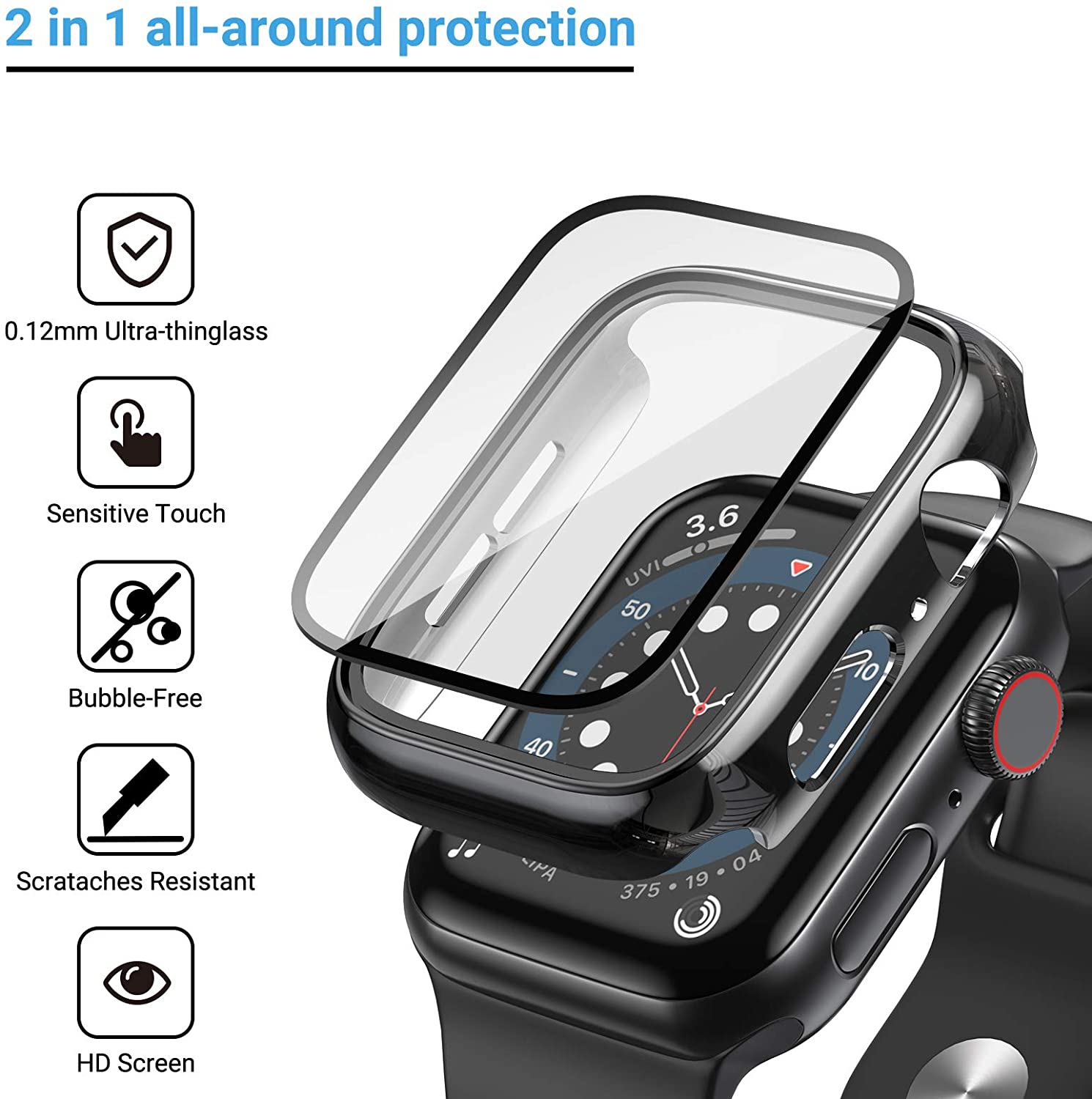Cubierta para funda de Apple Watch, Protector de pantalla de cristal chapado, accesorios para iWatch series 9, 8, 7, 6, 5, 4, 3, se, 45mm, 44mm, 40mm, 41mm, 38mm, 42mm