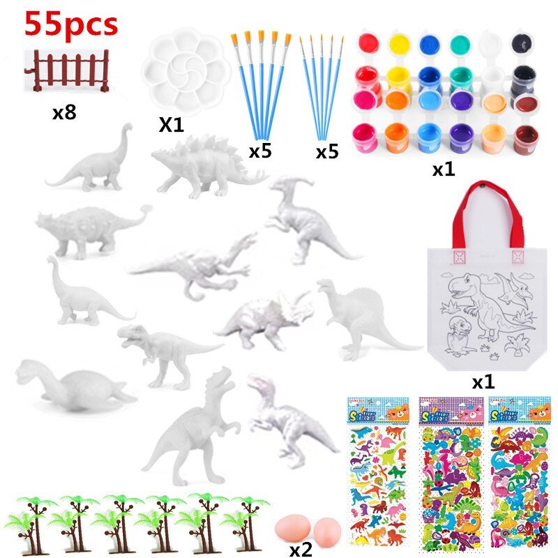 55Pcs Dinosaurus Patronen Penselen Bomen Kleurrijke Plastic Versierd Kinderspeelgoed Kinderen Diy Eeducational Speelgoed Set