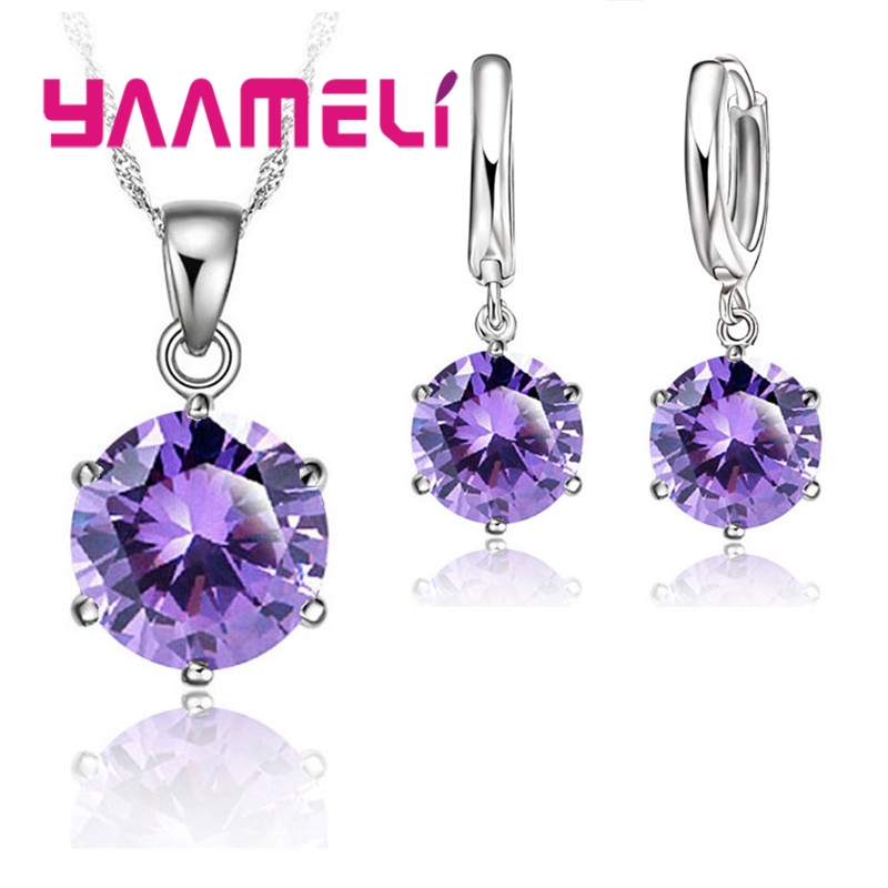 Trendy 925 Sterling Silver Color Jewelry Sets Simple 6 Claws Round Zircon Pendant Necklace Hoop Earrings Set Wedding Bridal: Rhodium Plated
