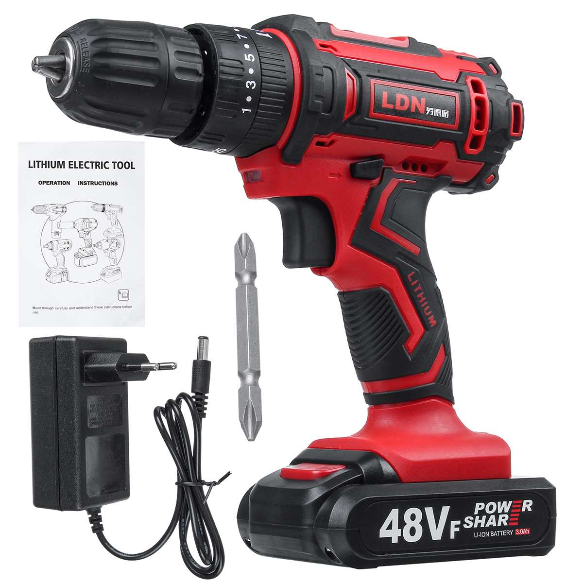 Cordless Electric Impact Drill Screwdriver 25+3 Torque 48V Rechargeable Dual Speed Power Tools With 2 Battery: 1 Battery