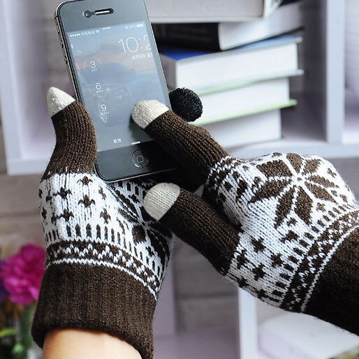Vinter varm berøringsskærm handsker mænd kvinder uld strikkede handsker slik farve snefnug vanter til mobiltelefon tablet pad: Kaffe