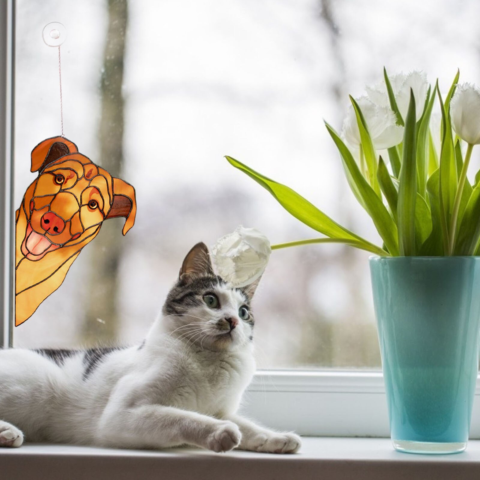 Vitrail chat fenêtre cintre décoration personnalité intérêt animal de compagnie acrylique pendentif décoration pour la maison et la voiture décor