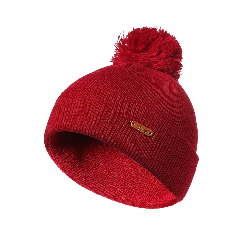 Vinter huer strikkede kvinder hatte pom poms kasketter ensfarvet herre hue varme tykke huer unisex efterår afslappede huer: Rødvin