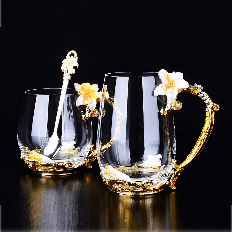 Vintage diamant glas koppar blomma emaljer kaffe mugg bröllop glas öl steins