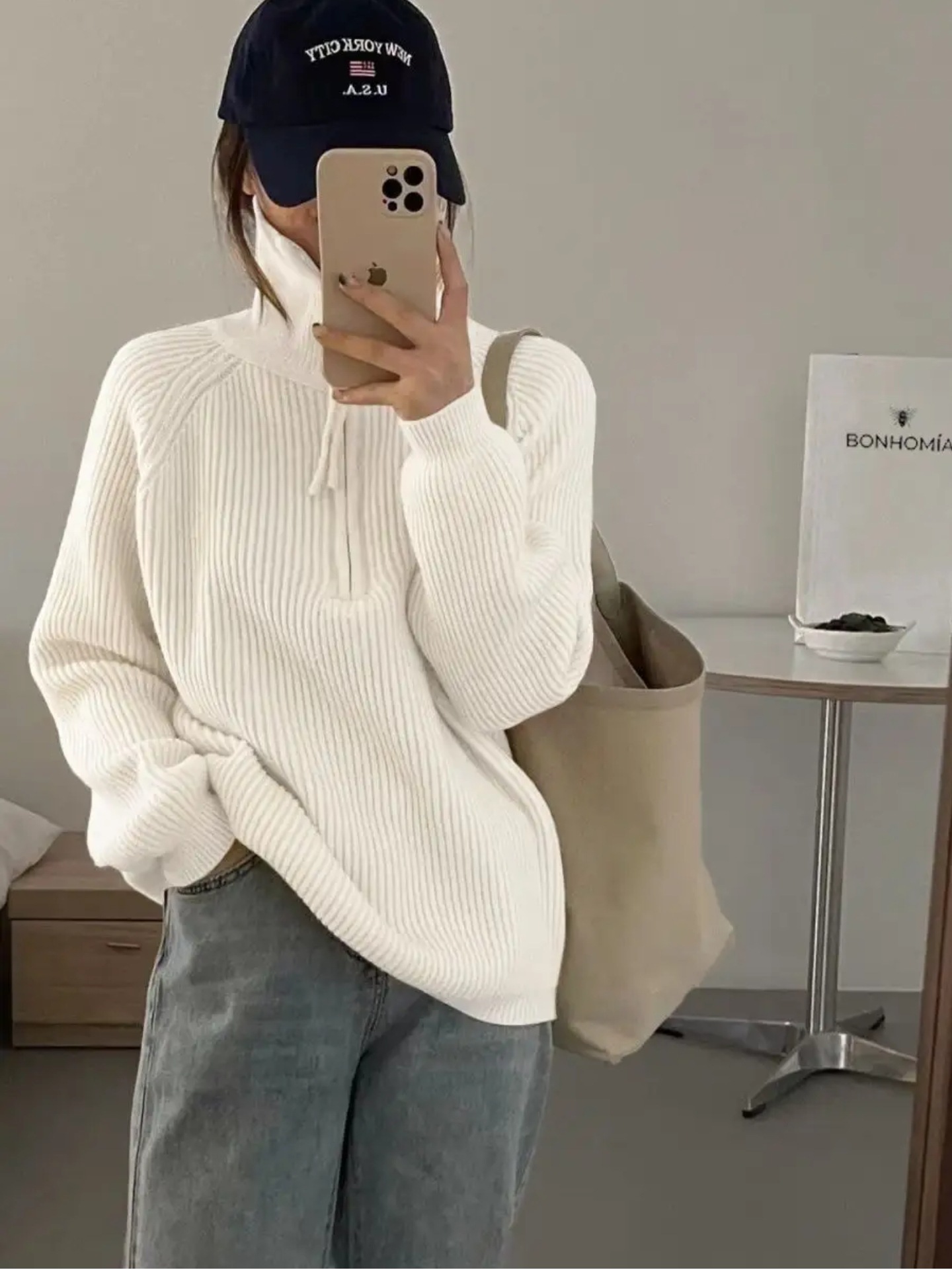 Otoño Invierno cálido suéter mujer sólido manga larga prendas de punto cuello con cremallera suéter de punto suelto Jumper Top NS5952: Blanco lechoso