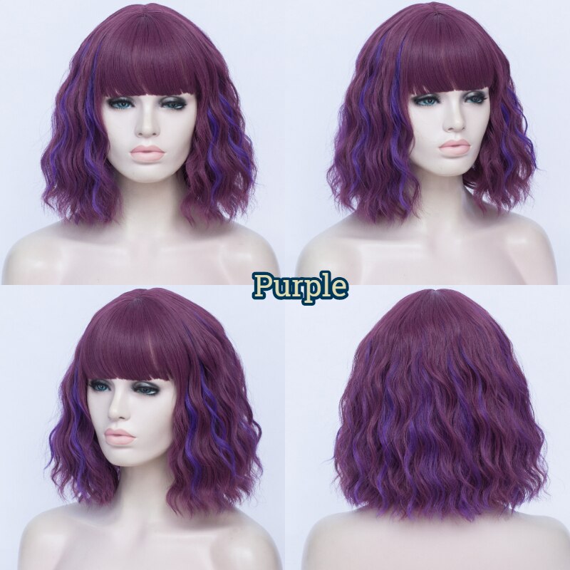 MSIWIGS-Peluca de cabello ondulado corto con flequillo para mujer, peluca completa sintética barata, color negro, fibra resistente al calor, marrón, falsa