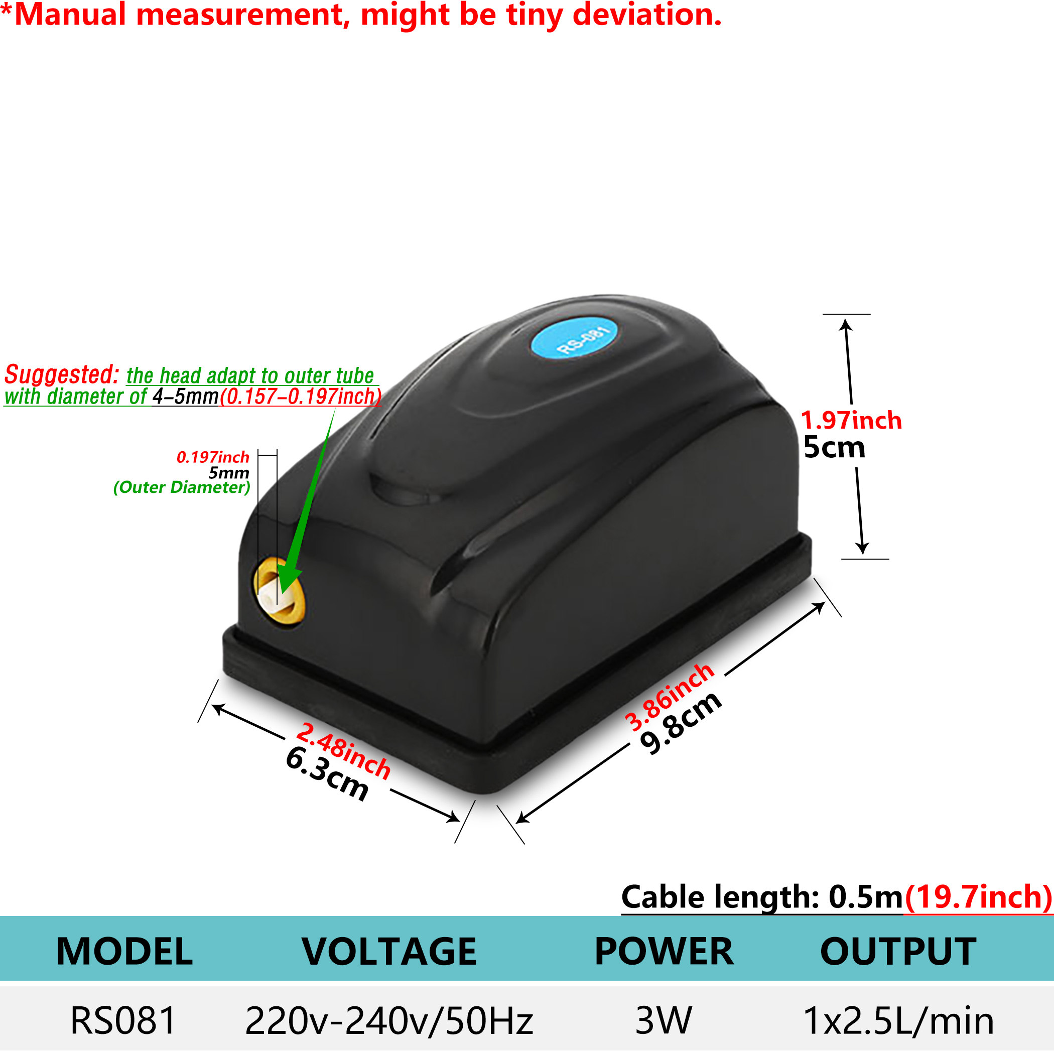 220V Small Quiet Aquarium Air Pumps Kit Fish Tank Oxygen Bubbler with Air Stones Tube Check Valves Airflow - RS1: 3W RS081 / US Plug