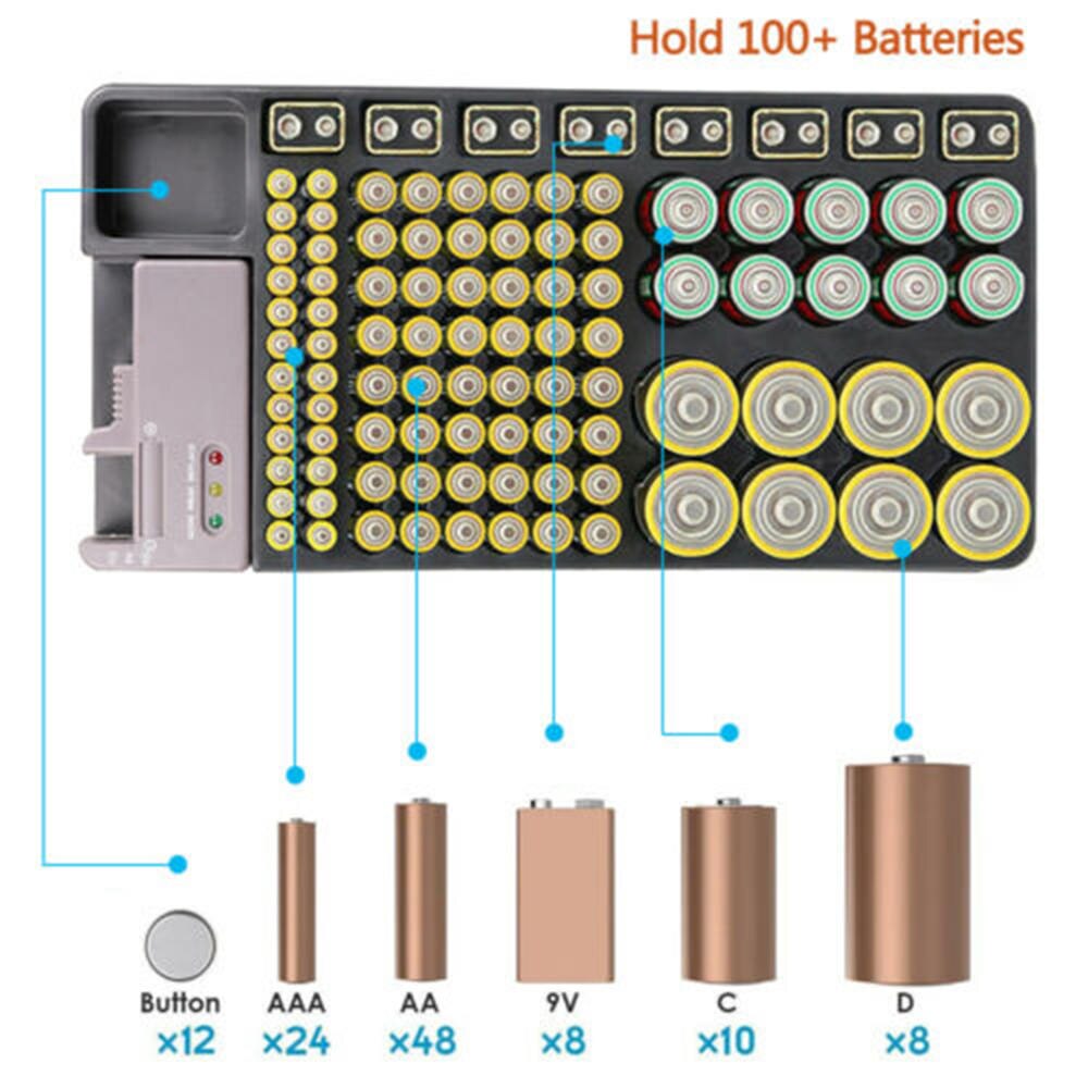 Battery Storage Organizer Holder with Tester Battery Caddy Rack Case Box Holders Including Battery Checker For AAA AA C