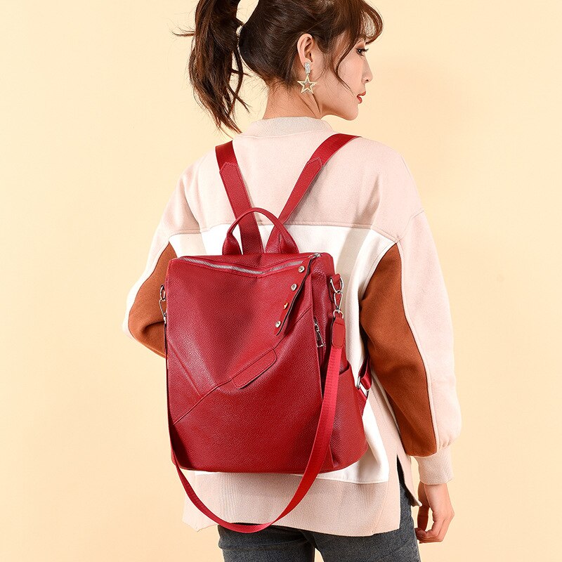 Dubbele rugzak dames multifunctionele pu leren topkwaliteit damestas zachte leren schoudertas reistas