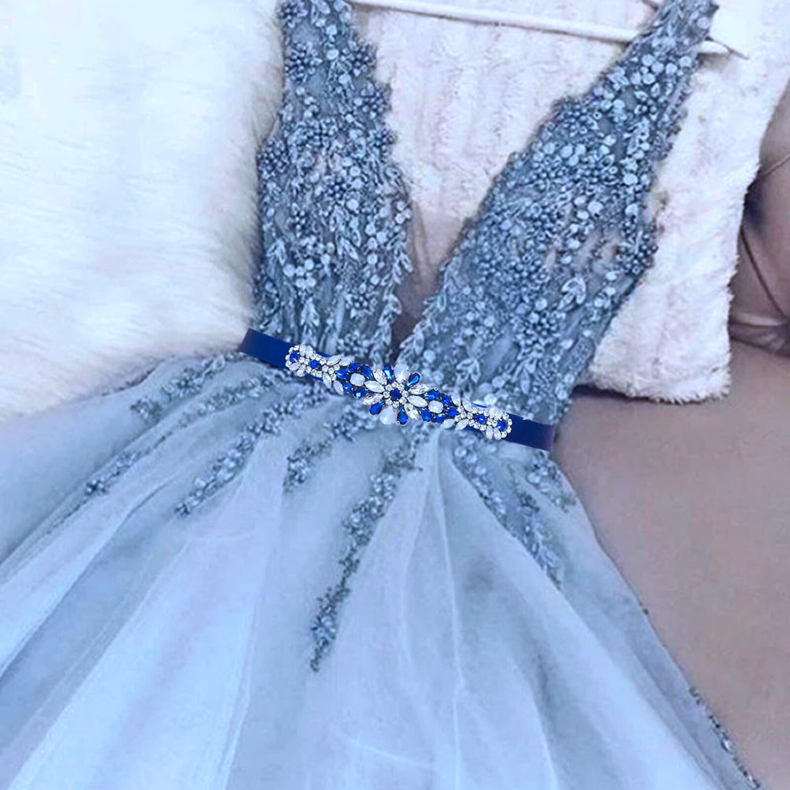 Ægte billede kongeblåt rhinestone bælte kvinder fancy bælte krystal slim bælte dekorativt bælte blå pailletter bælte brudekjole bælte
