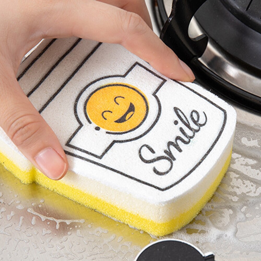 4pcs Cartoon Smiley Face Thick Sponge Strong Decontamination Dish Washing Cloth Kitchen Cleaner Sponges Scouring Pads
