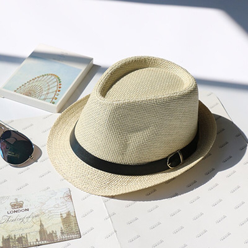 Summer Men Women Children Paper Straw Hat Trilby Gangster Cap Beach Sun Hats Straw Parent-child Jazz Hats Travel Fedoras GH-625: beige buckle / 54cm