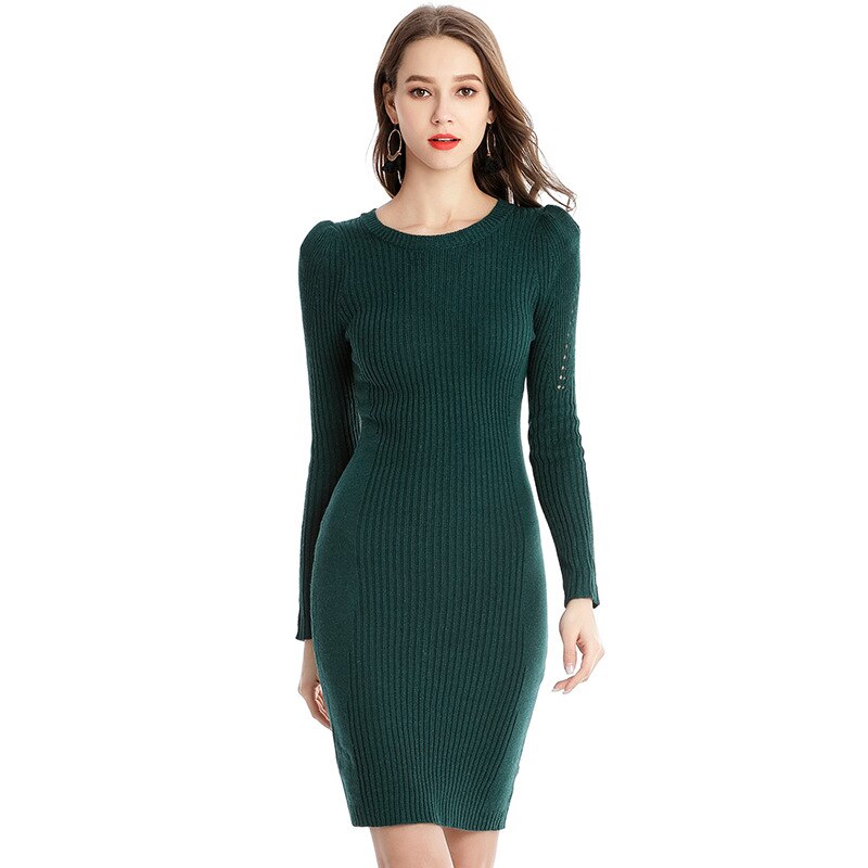 BGTEEVER Spring Skinny O-neck Sweater Dress Women Stretched Slim Knitted Pack Hip Dresses Female Bodycon vestidos feminino: green