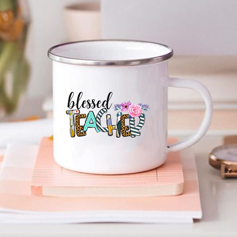 Teacher Love Inspire-Tazas de esmalte estampadas, vaso de vidrio para café, té, bebidas, leche, tazas escolares con asa, para profesores: XH1308-A015WH-8