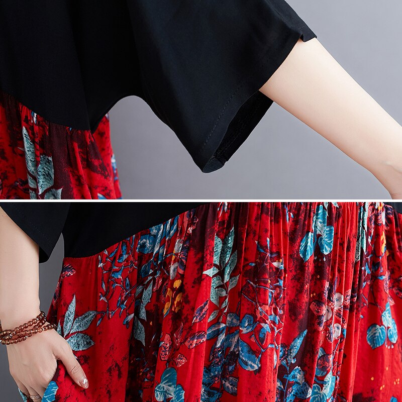 DIMANAF Plus Size Women Dress Print Floral Cotton Sundress Lady Vestidos Spliced Black Loose Casual Maxi Dress 5XL 6XL Clothing