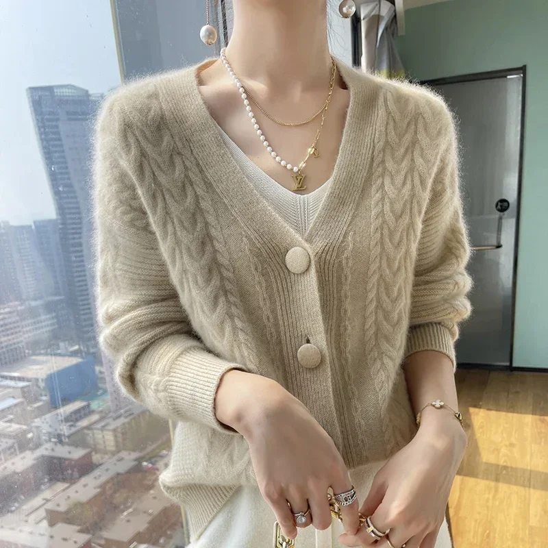 Camisola de lã de alta qualidade cardigan feminino grosso macio quente superior tecelagem flores malha roupas femininas soltas casuais roupas de inverno