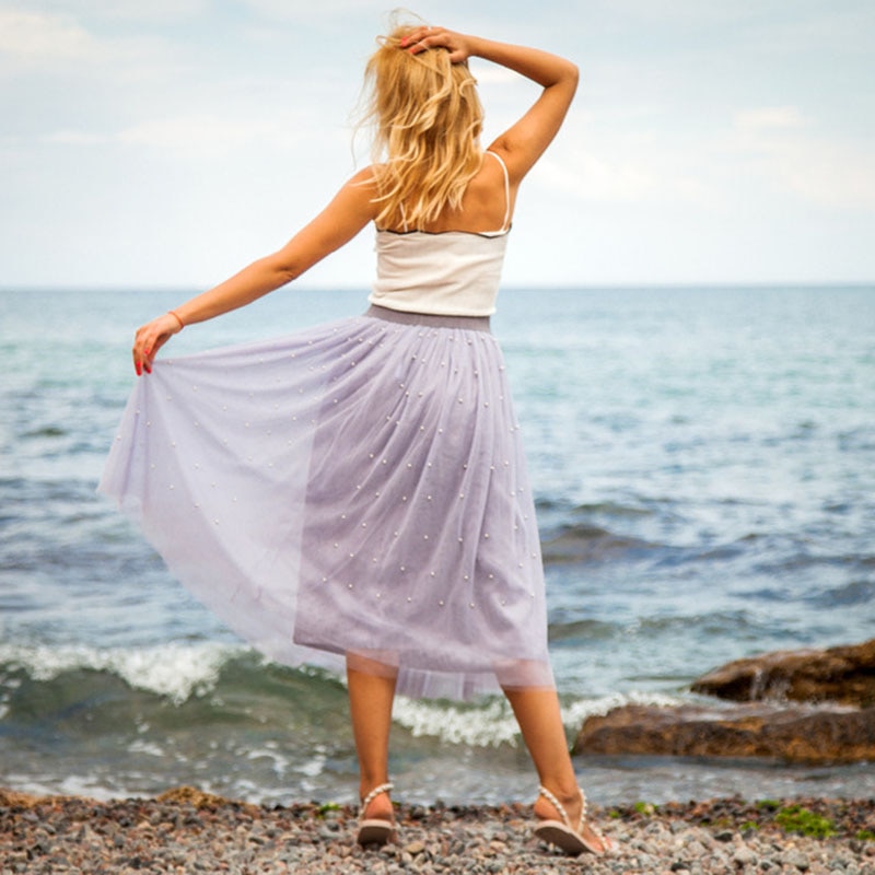 3 Layers Tulle Beading Women Skirts Spring Mesh Tulle Skirt With Bead Tutu Elastic Waist Pleated Skirt