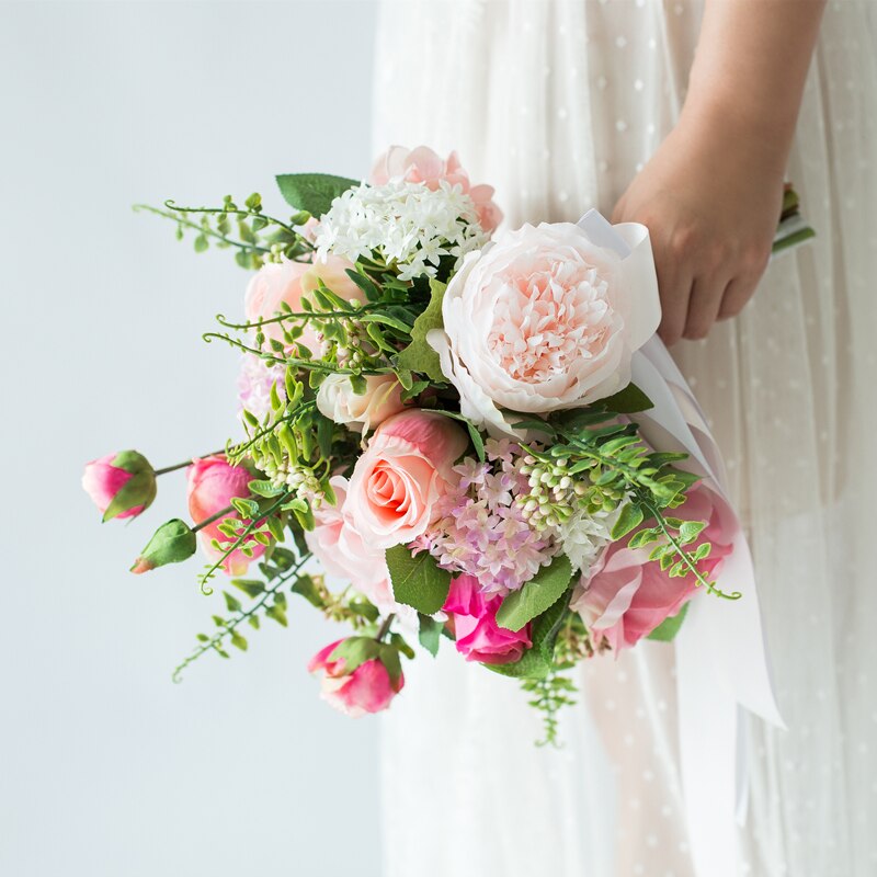 JaneVini Romantische Roze Bruidsboeket Bruids Bloemen Kunstzijde Rozen Land Stijl Bruiden Nep Boeket Ramo De Novia