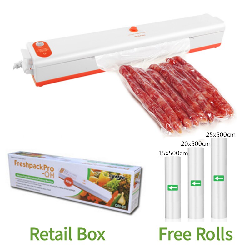 Food Vacuum Packing Sealer Machine Air Sealing System Keep Food Preservation Packer Fresh Storage + Free Plastic Rolls: Orange
