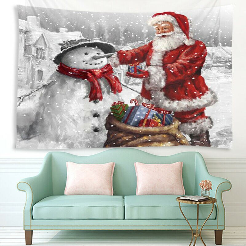 Populaire gelukkig polyester Kerst wandtapijt te hangen op de muur sneeuwpop dekens Kerstman decoratie wandtapijt lichtblauw