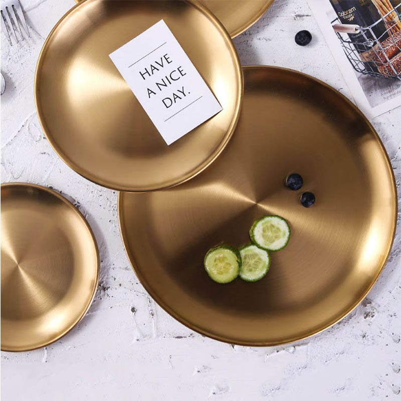 4 stücke Weihnachten Geschirr Gold überzogene Runde Gerichte Rabatt Nachtisch Obst Platte edelstahl Geschirr Salat Brot Snack Utensil