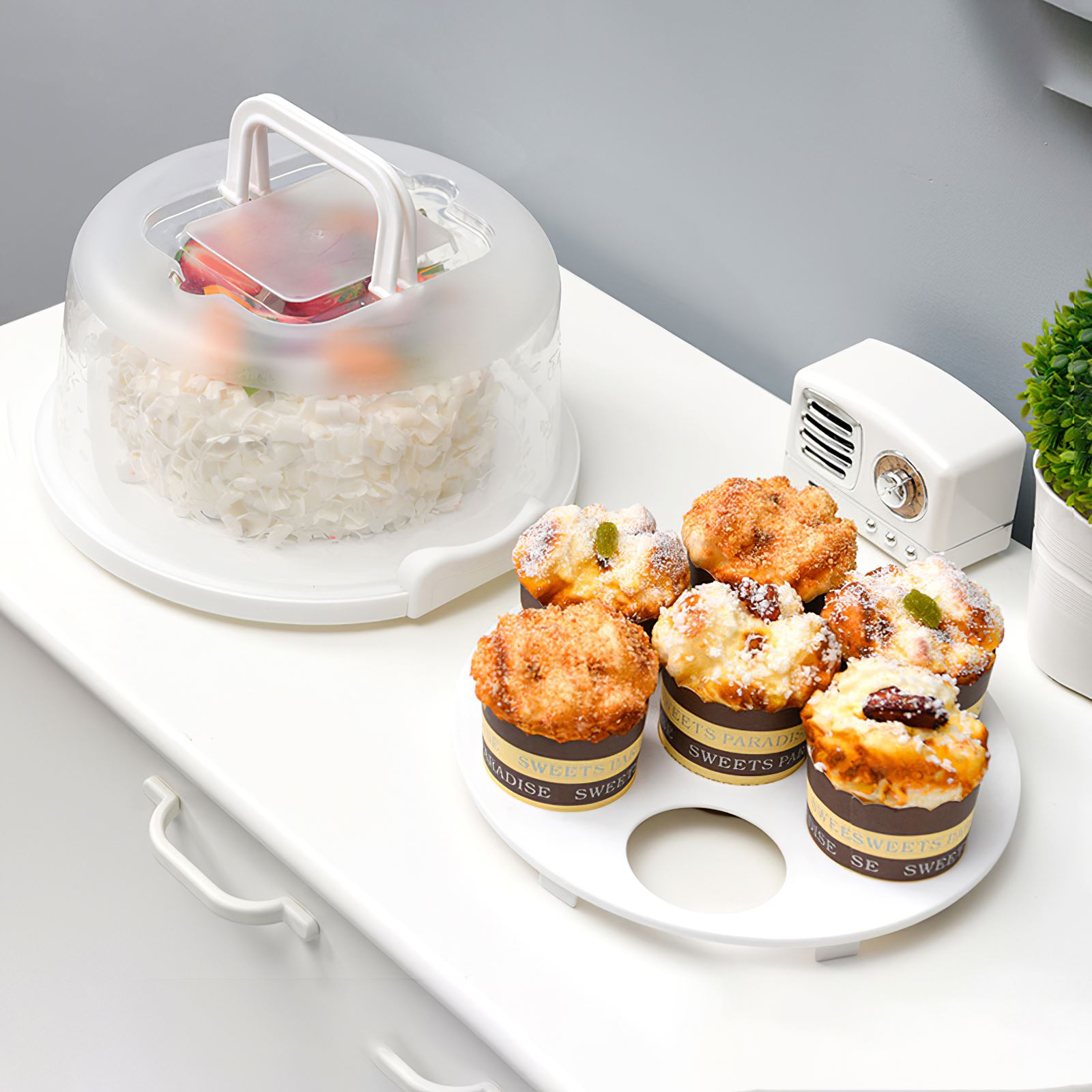 Portable Cake Box 7 Cupcake Positions Plastic Round Cake Carrier Transparent Pastry Storage Box Dessert Container Lid Box 50%