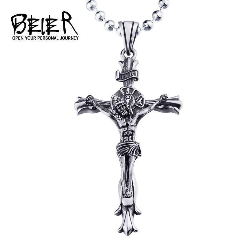 BEIER white/gold Catholic Religious Jesus Piece Cross Pendant Necklace For Men Vintage Chain Christian Jewelry BP8-188: silver colour