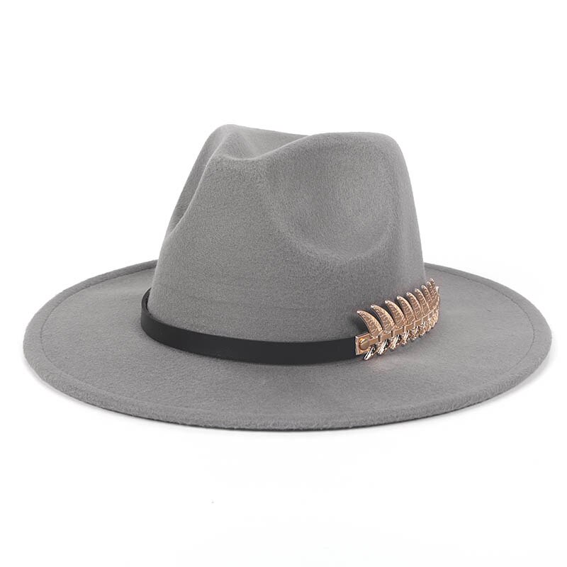 Efterår vinter bred skygge fedora hat kvinder mænd med bælte panama jazz kasket trilby filt vintage hatte chapeau feutre homme: Grå