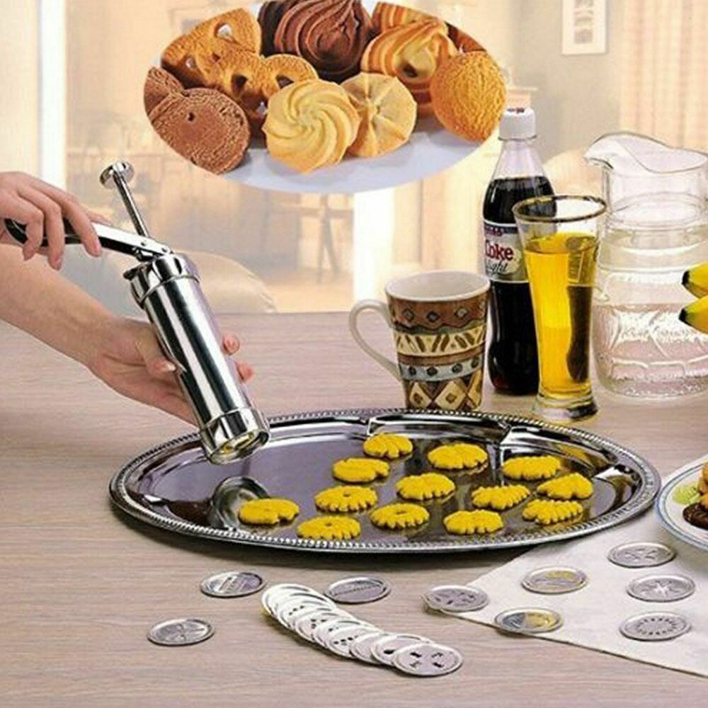Bakken Tools Rvs Biscuit Druk Set-Cookie Maker Machine Kit 20Moulds + 4Nozzles Cake Decorating Gereedschap cookie Mallen D30
