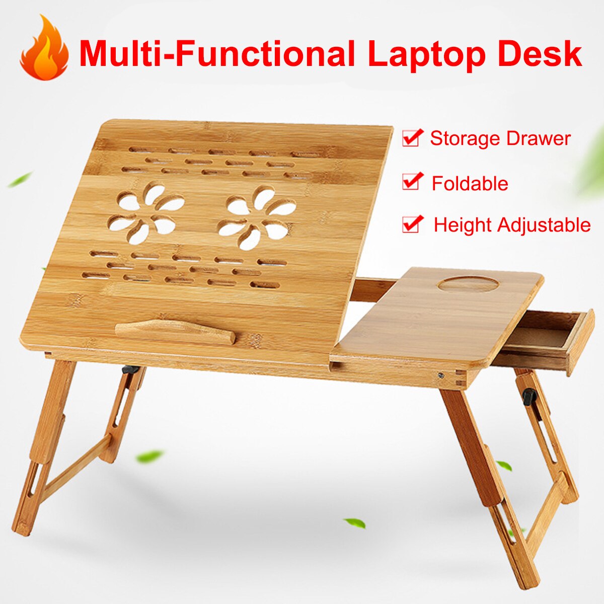 Opvouwbare Bamboe Laptop Desk Stand Ontbijt Serveren Bed Lade Tafel Hoogte Verstelbare Met 4 Hoeken Kantelen Top Lade