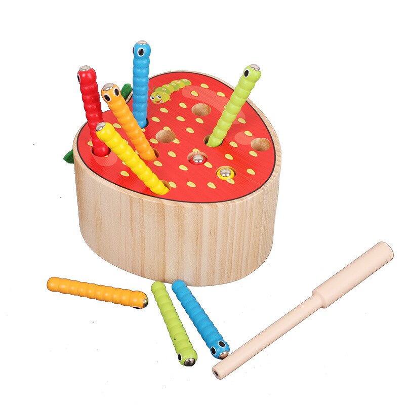 Baby Montessori Education Wooden Toys Kids 3D Matching Puzzle Magnetic Stick Strawberry Catch Worm Fishing Interactive Math Toys: Strawberry-TJ265