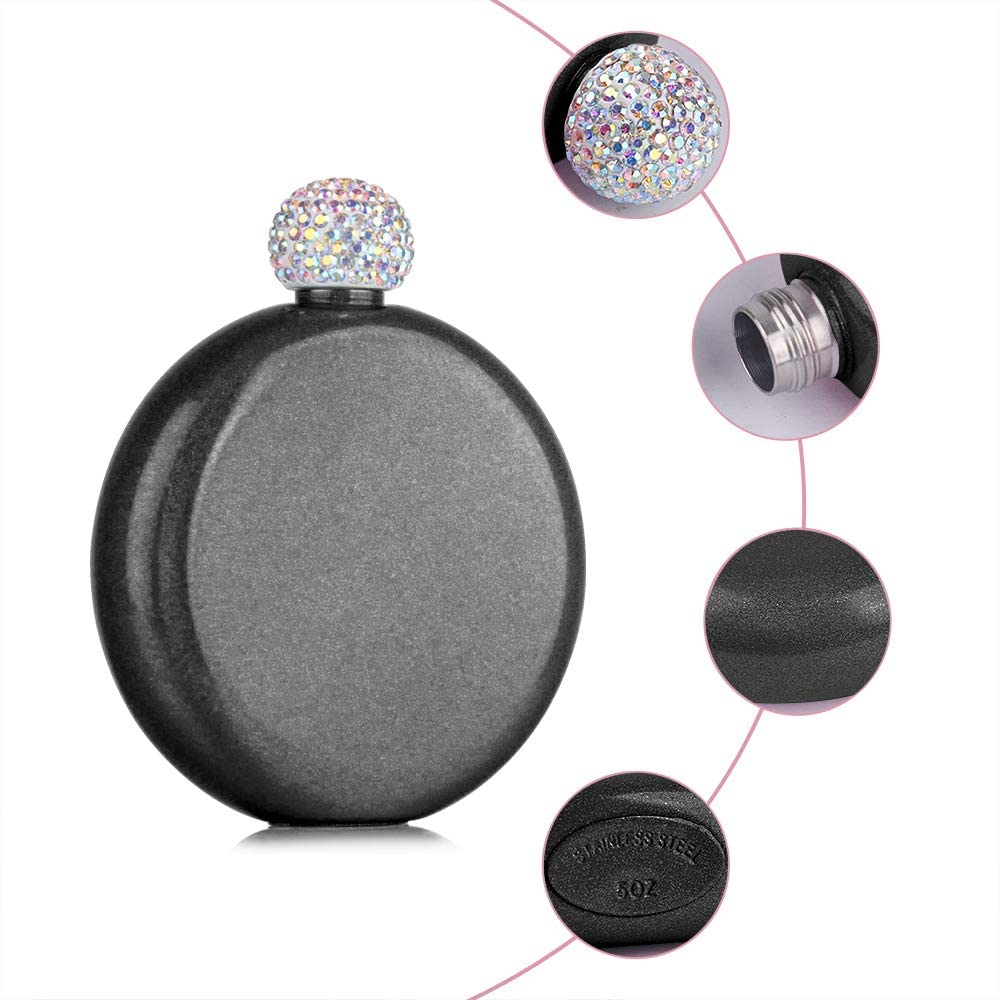 Mini frasco de Alcohol redondo para mujer, Petaca de acero inoxidable con tapa de diamante, 304 de acero inoxidable, 10,1 cm * 9 cm * 2,6 cm