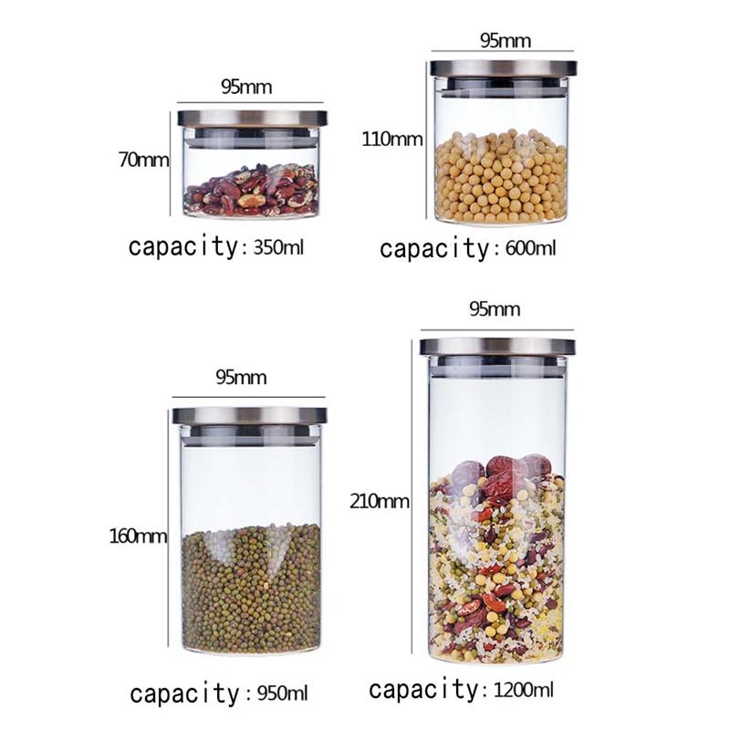 350ml/600ml/950ml/1200ml Glass Sealed Storage Can Moisture-proof Glass Storage Tank with Stainless Steel Lid