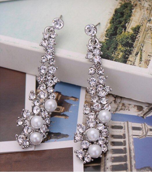 Bruid Bruiloft Sieraden Luxe Full Strass Kristal Clip Op Oorbellen Lange Gesimuleerde Pearl Earring Zonder Doorboord Oor Clip: silver stud earrings