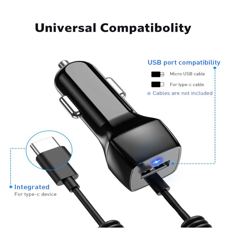 USLION 24V Mini cargador del coche del USB con Micro USB tipo C Cable para Samsung S10 S9 Xiaomi Redmi Note 7 teléfono móvil USB C rápido Cable