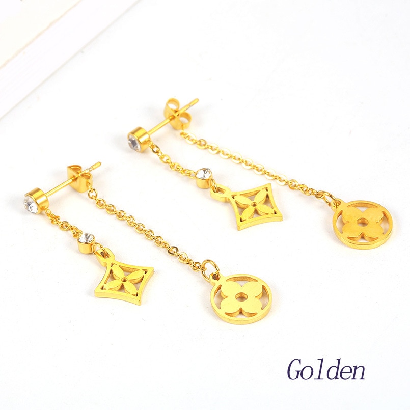 Bonito duplo flor brincos de gota para as mulheres de aço inoxidável pendientes cz brincos 2020 aretes collier feminino presente de casamento