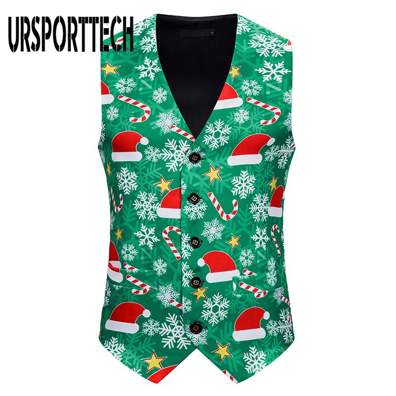 Colete de natal dos homens 2020 nova 3d impressão da árvore de natal sem mangas jaqueta masculina natal feliz navidad festa smoking coletes chaleco hombre: Green / XXL