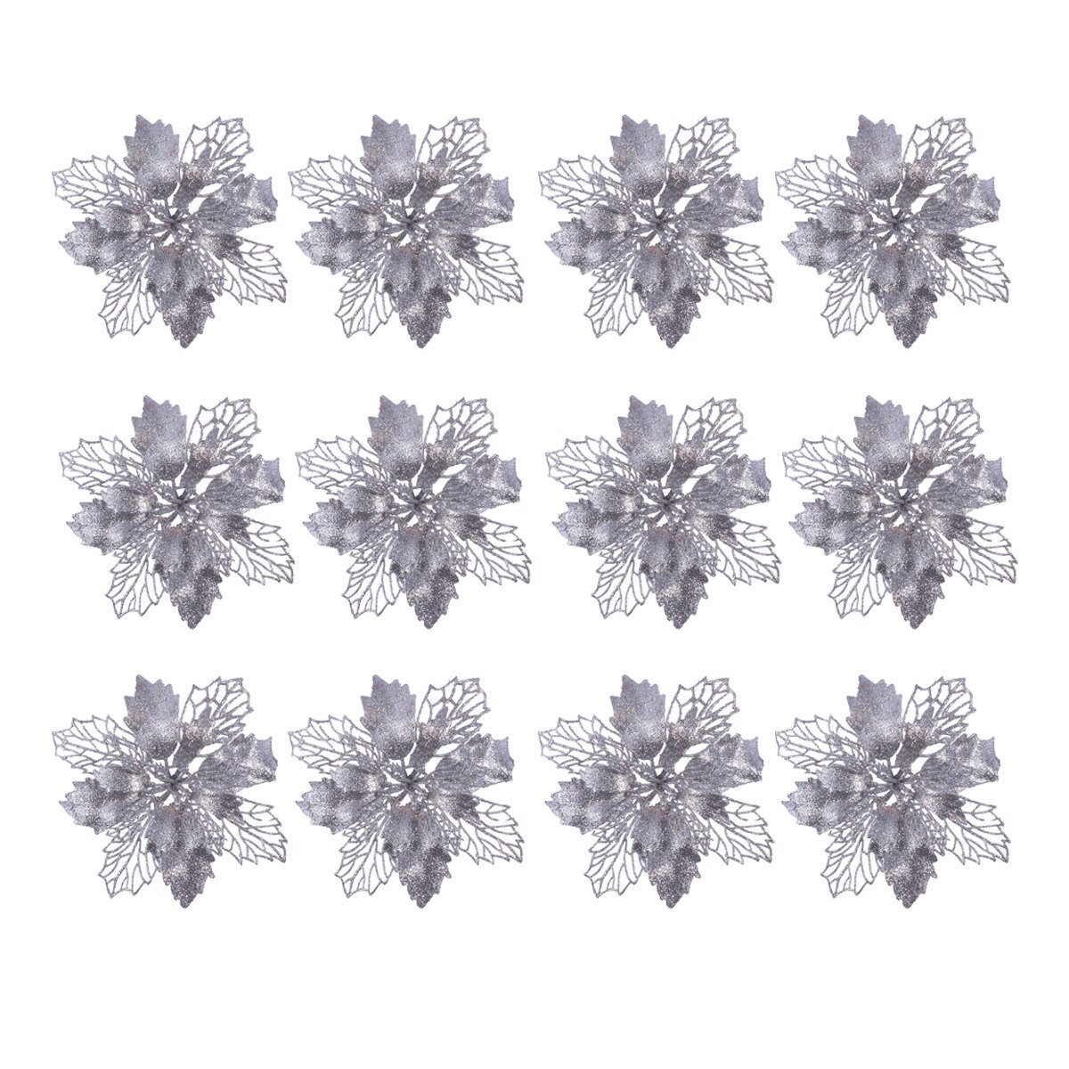 12 stk sølv glitter julestjerne blomster hule kunstige blomster julepynt juletræ hængende vedhæng jul: Sølv