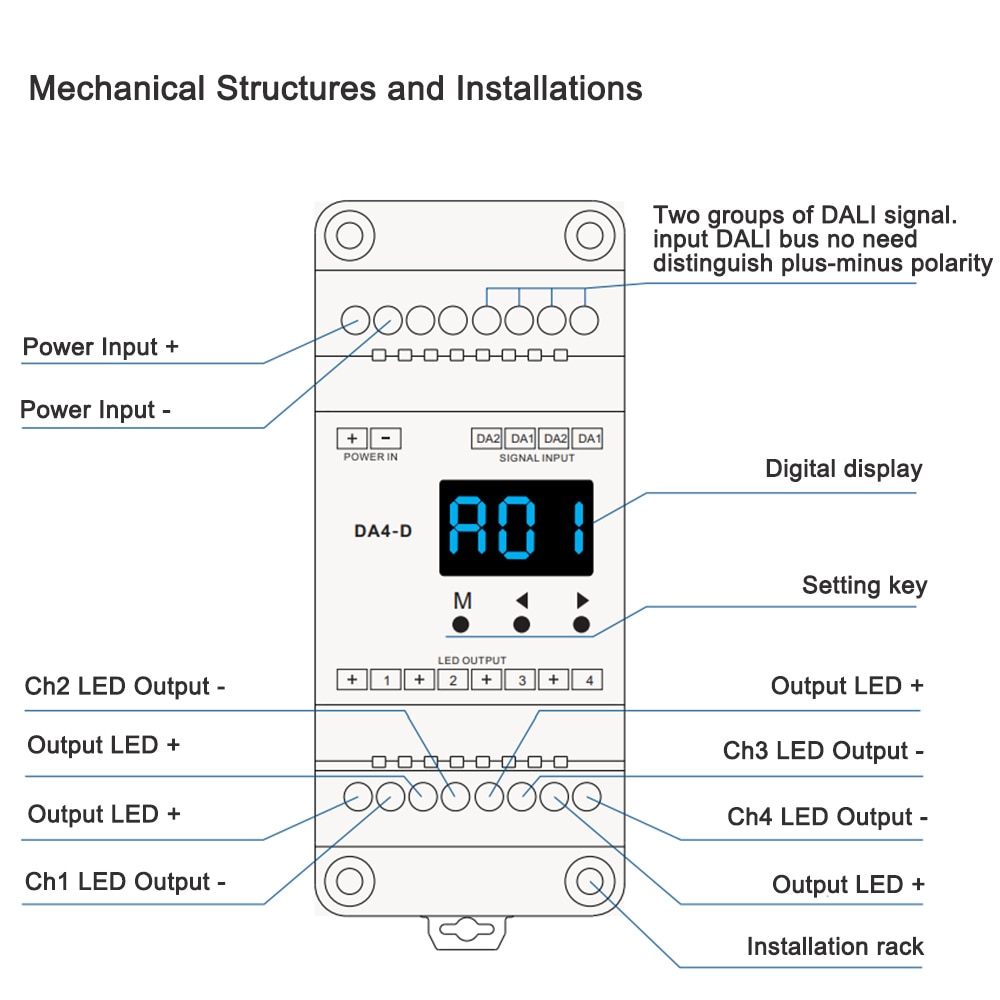 Dali led dimmer 12v 24v dc 4 kanaler konstant spänning numerisk display pmw dimning din skena 20a 240w 480w led strip light dimmer
