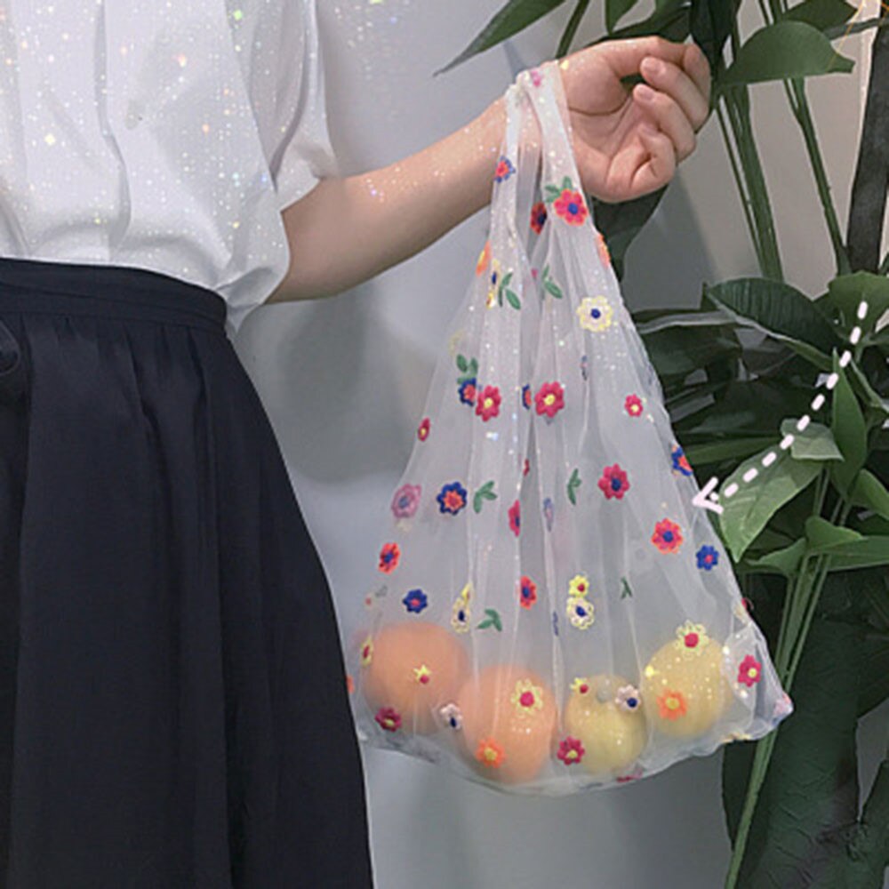 Embroidered Flower Bag Light Clear Organza Jelly Small Tote Messenger Shoulder Bags Student Female Beach Handbags Shopping Bags