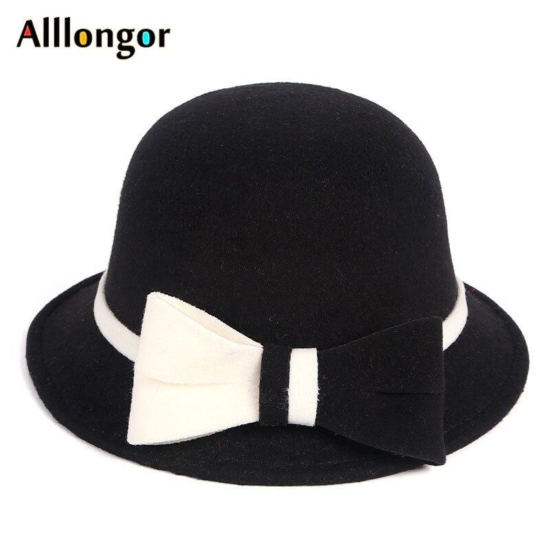 Wool Fedora Hat Women Winter Vintage Felt Hats ladies Bowknot Bucket Cap Black White dome Top Church bowler Hat: Black